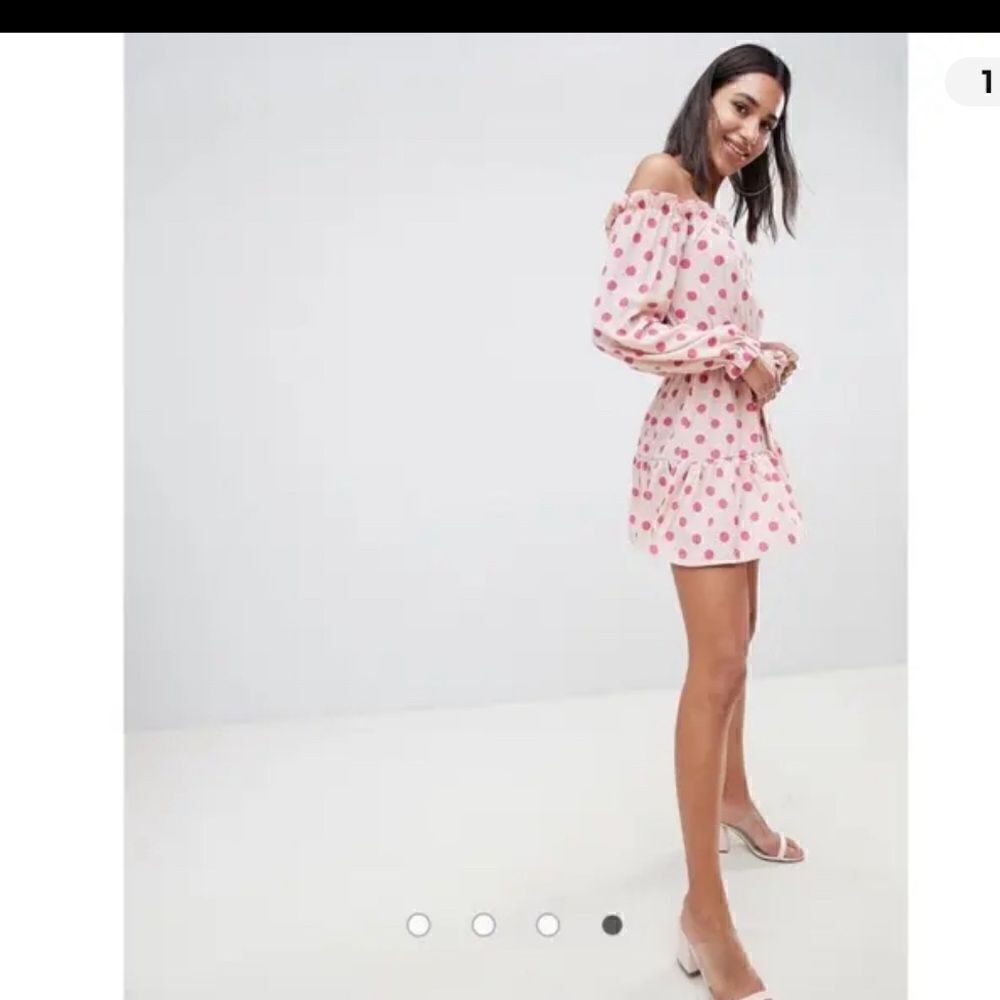 PRETTY LITTLE THING pink polka dot ruffle off shoulder dress empire waist belt 6 - Picture 4 of 10
